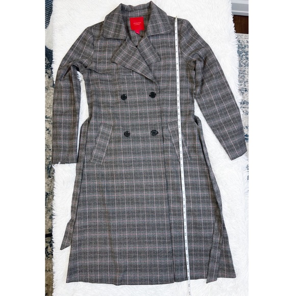 NWOT Jennifer Lopez Gray Plaid Belted Wrap Tie Waist Trench Coat Red Small - Picture 11 of 12